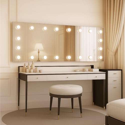 Image of WTTY 60 inchx28 inch Hollywood Vanity Mirror with Lights, Wall-Mounted Makeup Mirror with 3 Color Temperatures, Stepless Dimmable Bulbs, Anti-Fog & Shatter-Proof