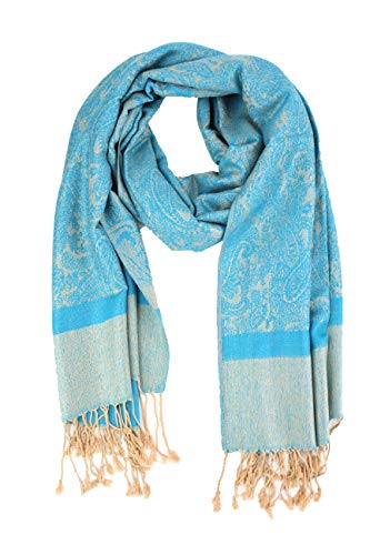 PASKMLNA Paisley Jacquard Pashmina Shawl Wrap Scarf Stole (018-34 Aqua camel)