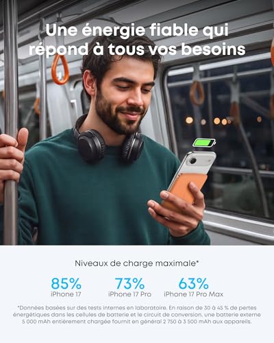 Anker Nano Batterie Externe Magsafe certifiée Qi2 15W magnétique Ultra-Fine 5000 mAh, Rapide, Ergonomique et Compatible MagSafe, Uniquement pour iPhone 17 Pro Max/16/15/14