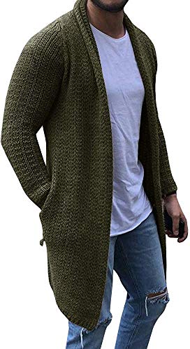 Runcati Mens Cardigan Sweater Shawl Collar Chunky Open Front Long Sleeve Knit Slim Fit Coats with Pockets (XX-Large, Army Green)