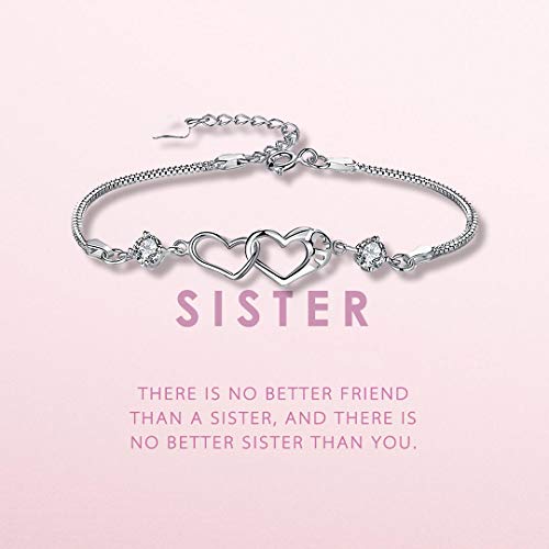 Solinfor Sister Bracelet - Sterling Silver Jewelry With Gift Wrapping, Card - Sister Gifts From Sister - Two Interlocking Hearts Bracelet For Women #TOP3
