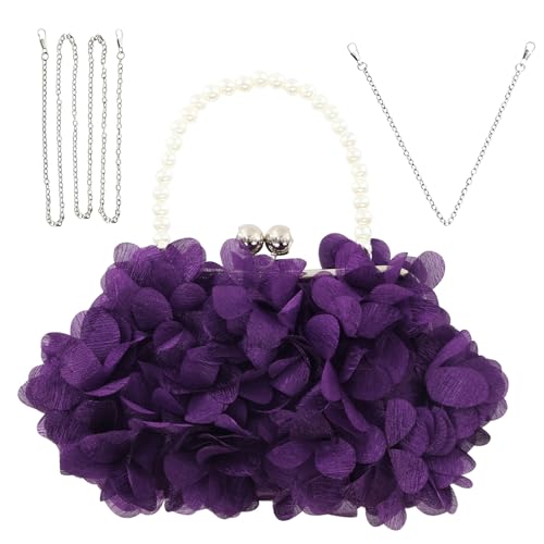 JAMBHALA Women Elegant Evening Purse Small Floral Clutch Bag with Detachable Chain for Wedding Party Prom (Purple)