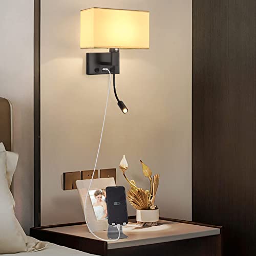 Image of Black Wall Sconces, Hardwired Wall Lamp with USB Port and Reading Lamp, Fabric Shade Bedside Wall Lights with Reading Lamp for Bedroom Living Room Hotels Corridors (Black)