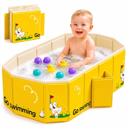 Collapsible Baby Bathtub Portable Toddler Bathtub with Dual Drain Foldable Baby Bath Tub for Shower Without Assembly Small Water Play Pool for Travel & Home Age 1-5