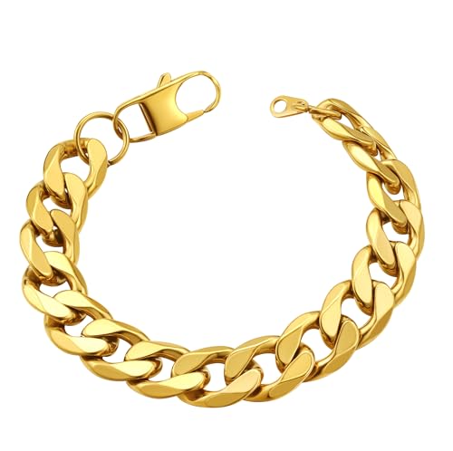 Image of ChainsHouse Mens Chain Bracelet Cuban Link Bracelets Gold Stainless Steel Chains Men Hip Hop Jewellery 13mm Width 21cm Length