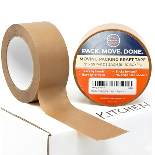 Elasticpack Packing Tape for Moving Boxes 2-Pack – Brown Paper Packing Tape, Packaging Tape & Box Tape, Hand-Tear Moving Tape, No Tape Gun Needed for Packing, Shipping & Storage, 1.9” x 55 yd