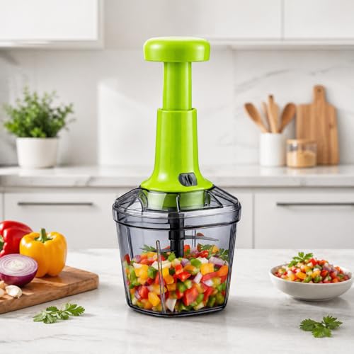 Image of 2-in-1 Press Vegetable Chopper 1100 ML | Manual Push Chopper for Kitchen | Large Veggie, Onion, Garlic & Nuts Cutter | Food Chopper with Storage Container