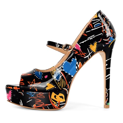 Image of SAMMITOP Women's Peep Toe High Heels Platform Stiletto Pumps Patent Mary Jane Heels 5.5 inch Party Wedding Dress Shoes
