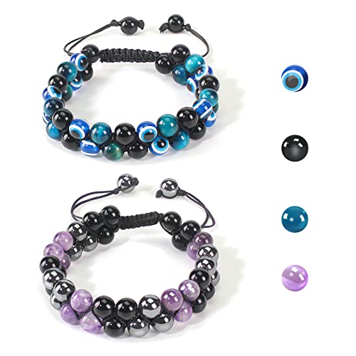 Yidanhong Triple Protection Bracelet, 2Pcs Tigers Eye Hematite Black Agate Amethyst Spiritual Healing Crystal Couple Beads Bracelet, 8Mm Adjustable Stretch Bracelets Bring Prosperity Luck And Health #TOP24