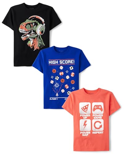 The Children's Place,Boys,Gamer Short Sleeve Graphic T-Shirts,Multipacks,Sports Gaming/Power Up/Dino 3-Pack,X-Small