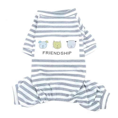 ペット服 犬 猫 ロンパース 春 夏 ストライプ洋服 柔らかい 可愛い 袖あり 抜け毛防止 着脱簡単 おしゃれ 人気 多機能 犬猫通用 記念写真 散歩着 部屋着 プレゼント ギフト 贈り物 (グレー,L)