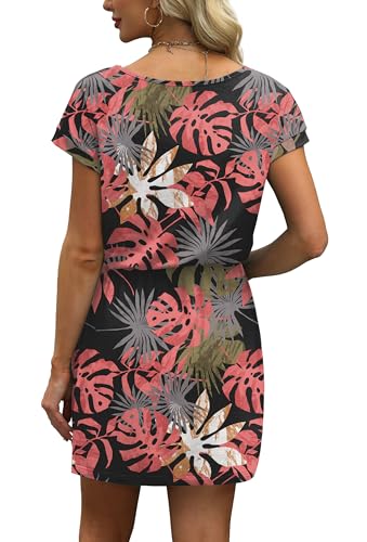 Image of OFEEFAN Summer Dresses for Women 2026 V Neck T Shirt Casual Mini Dresses Tie Waist Sundresses with Pockets