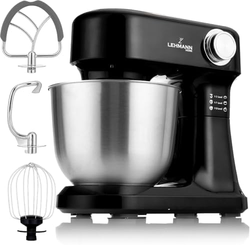 LEHMANN Robot Pâtissier avec 3 Mélangeurs - Fouet, Batteur, Crochet, 12 vitesses, Bol 5L, Anti-éclaboussures, Protection Surchauffe, Petrin pour préparer Pâtes à Gâteau, Pizza et Pain, Noir