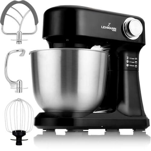 LEHMANN Impastatrice Planetaria, 1500 W, 12 Velocità, Ciotola 5 L, Accessori - Frusta, Gancio Impastare e Mescolatore, ideal Impastatrice per Pizza, Pane e Dolci - perfetta per Ogni Cucina, Nero