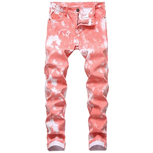 Men's Printed Skinny Stretch Jeans Slim Fit Comfort Straight Leg Denim Pants Classic Casual Vintage Jean Trousers (Red,34)