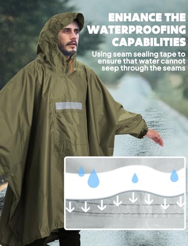 ANYOO Wasserdichter Regenponcho Winddichter Regenmantel mit Seitlichem Reißverschluss, Leichter Regenjacke mit Verstellbaren Ärmeln für Outdoor Wandern Radfahren, Einheitsgröße, Armee Grün