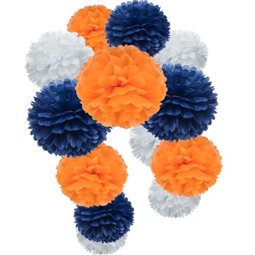 Royal Blue Orange and White Paper Flower Tissue Pom Poms for Graduation Birthday Wedding Retirement Theme Party, 12pc