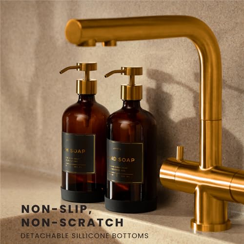 Image of Hand and Dish Soap Dispenser for Kitchen and Bathroom, Set of 2 16 Oz Glass Bottles, Stainless Steel Pumps, Non-Slip Silicone Base, 27 Waterproof Labels (Amber Bottle /Brushed Gold Pump)