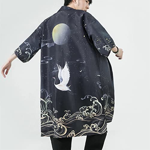 Image of Seidarise Men's Haori, Long Kimono Cardigan Jacket Japanese Style Flying Crane Seven Sleeves Open Front Coat