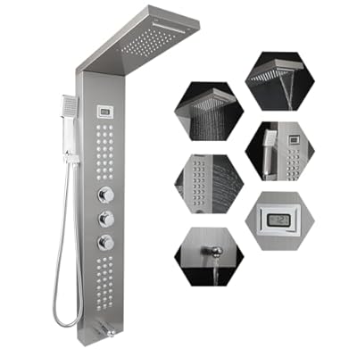 Lonuebu Shower Panel System with Digital Display,5 Shower Modes Wall Mounted Stainless Steel Rainfall Shower Tower and Handheld Shower Head System 2 Body Massage Jets