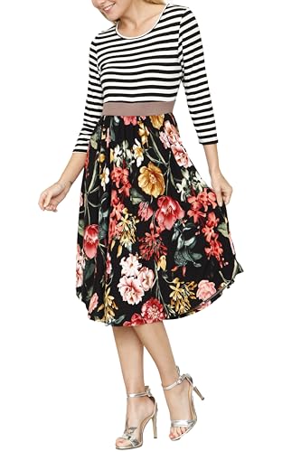 Image of Eloges Women's 3 /4 Sleeve Contrast Waist Band Floral Curved Hem Midi Dress