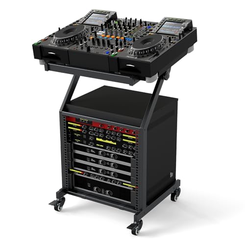 COSTWAY Rack Audio Professionnel à 2 Niveaux, Support pour Table de Mixage DJ 9U avec Barres Transversales Réglables roulettes Verrouillables, Chariot de Scène à...