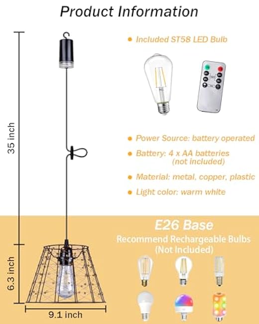 Battery-Operated Chandelier Hanging-Pendant-Lights with Trumpet Shades Copper Wire