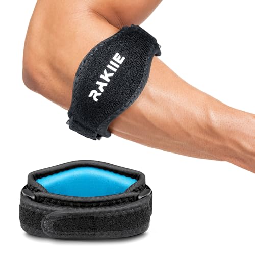 Image of Rakiie Elbow Brace for Tendonitis, Adjustable Golf and Tennis Elbow Relief for Men and Women (1, Blue-1 Pack)