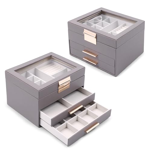 Image of BucketList Luxury PU Leather Jewellery Organizer Box with Glass Top | Multi-Drawer Jewelry Storage Case with Ring Slots & Compartments | Elegant Lockable (2 Drawers Jewellery Box (Grey))