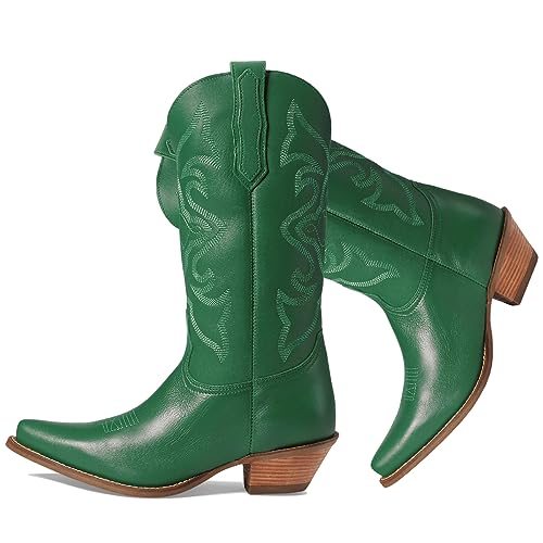 Image of LEHOOR Cowboy Boots Women Embroidered Mid Calf Western Boot Low Chunky Heel | Pointed Toe Pull On Knee High Cowgirl Boots Stacked Heel V Cut Suede Snip Toe Fall Winter Boot Dressy Retro Chic 4-11 M US