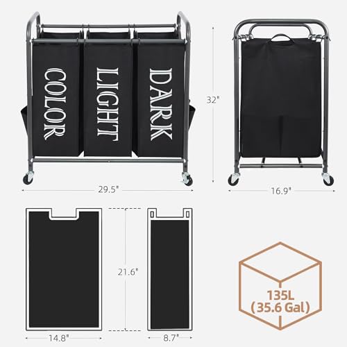 Image of STORAGE MANIAC 3 Section Laundry Sorter, 35.6 Gal (135 L) Laundry Hamper Cart with Heavy Duty Rolling Lockable Wheels and Removable Bags, Clothes Organizer Basket Separator Hamper, Label Black