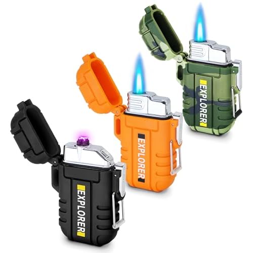 3 Pack Waterproof Lighter Outdoor Windproof Torch Lighters Dual Arc Lighters Butane Electric USB Rechargeable Flameless Plasma Lighter Camping Hiking Adventure Survival Tactical Gear