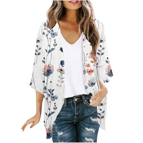 Cárdigan de verano para mujer, de manga corta, frente abierto, para playa, hawaiano, estampado floral, ligero, informal, de gasa, talla grande, elegante, para sudar, estilo bohemio, Multicolor 2, M