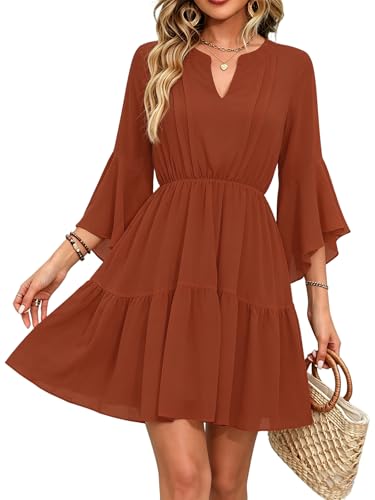 Image of Womens Spring Summer Mini Dress Western Ruffled Sleeve Chiffon V Neck Flowy A Line Short Wedding Guest Party Dresses