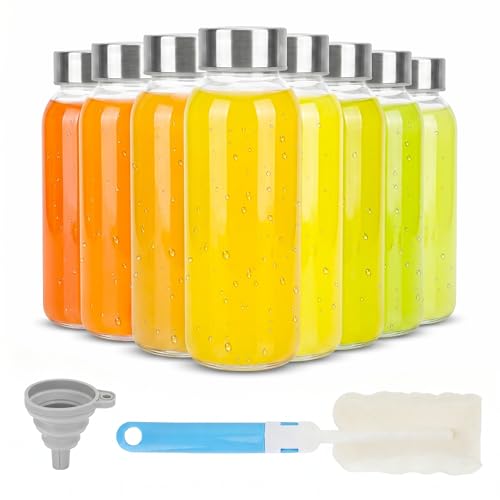 Image of Zukro Glass Water Bottles with Lids 12 oz, Reusable Clear Juice Bottles With Stainless Steel Airtight Cap for Juicing, 100% Leak Proof Juice Drinking Jar for Smoothie, Milk, BPA Free, Set of 8