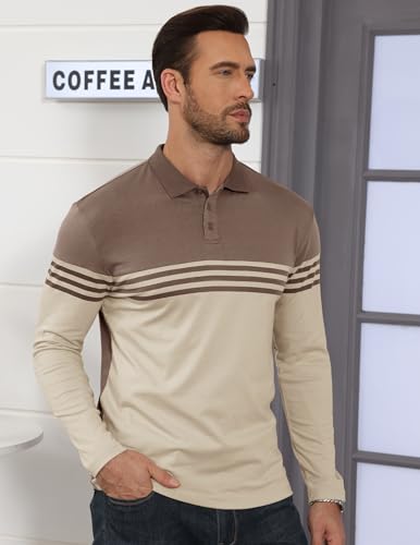 Mens Fashion Polo Shirts Striped Long Sleeve Golf Shirt Casual Collared T-Shirts Lightweight Cotton Tops4