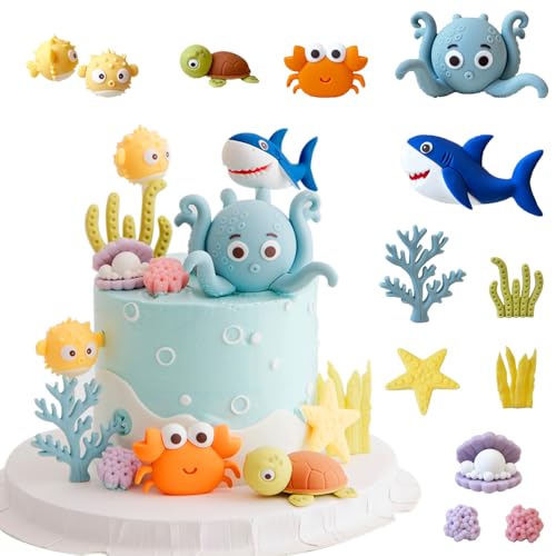 12PCS Ocean Underwater World Cake Decorations,Ocean Animals Cute Octopus, Shark