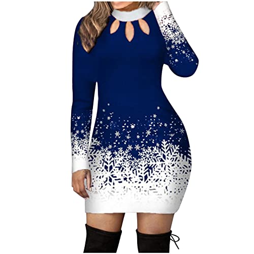 Weihnachtskleider für Damen, langärmelig, bedruckt, hohl, Rundhalsausschnitt, gesäumt, Hüfte, A-Linie, Partykleid, weiches Festival-Partykleid,...
