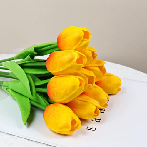 Image of 20Pcs Stems 13.5 Inch Sunset Red PU Artificial Moisturizing Tulips, Faux Sunset Red Tulips Flowers for Thanksgiving Christmas Decorations Wedding Home Table Vase Floral Arrangements