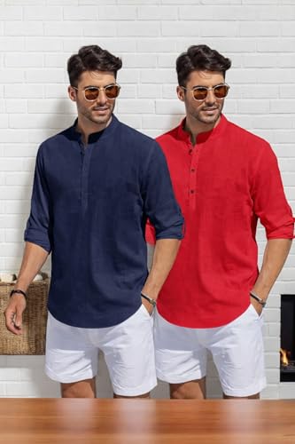 Image of Men's Cotton Blend Straight Kurta Shirt Combo with Mandarin Collar - Slim Fit Casual Short Kurti Set Featuring Textured Slub Fabric and Roll-Up Full Sleeves