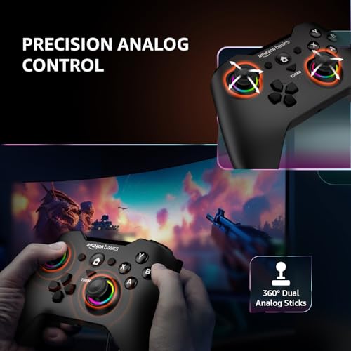 Image of Amazon Basics Pro Series Gamepad with Bluetooth and RGB | 2.4GHz & Wired Modes | Dual Vibration | 6-Axis Gyroscope | Compatible with Switch | Android | PS3 | Windows | Type-C Charging | Black