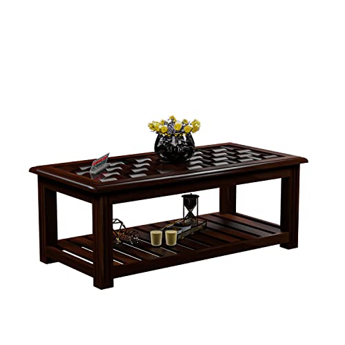 Image of Sheesham Wooden Centre Table with Storage Shelf for Living Room with Glass Top - Solid Wooden Coffee Table - Teapoy Tea Table Sofa Table & Center Table with Storage (Stern Walnut)