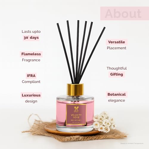 Image of IRIS Aroma Reed Diffuser - 100ml | Elegant Home Fragrance with 6 Fiber Reeds, Glass Round Bottle with Gold Cap | Aroma Diffuser for Cozy Decor & Gifting (Velvety Rose)