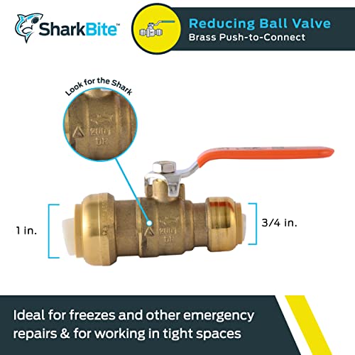Image of SharkBite 1 x 3 /4 in PTC Reducing Ball Valve, Push-to-Connect Brass Water Shut-Off Plumbing Fitting, 22993LF
