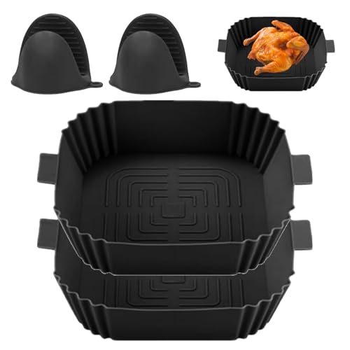 Mivanta Lot de 2 moules en silicone réutilisables pour friteuse à air chaud avec 2 clips de gant en silicone anti-chaleur, pot en silicone réutilisable pour friteuse à air, micro-ondes, four