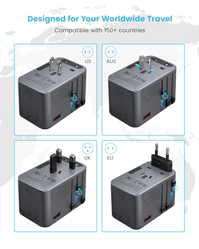 Image of Universal Travel Adapter, VINTAR 75W GaN International Power Adapter with 3 USB-C PD and 2 USB-A QC Charging Ports, All-in-one Outlet Converter Wall Charger for Europe UK USA AUS(Type C /G /A /I), Grey