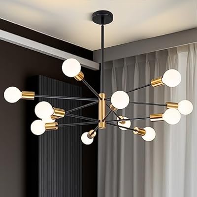 SINERISE Modern Sputnik Chandelier Light Fixture, 12-Light Chandelier Ceiling Light Fixture Black and Gold Mid Century Chandelier Height Adjustable for Kitchen, Living Room, Bedroom, Hallway and Foyer