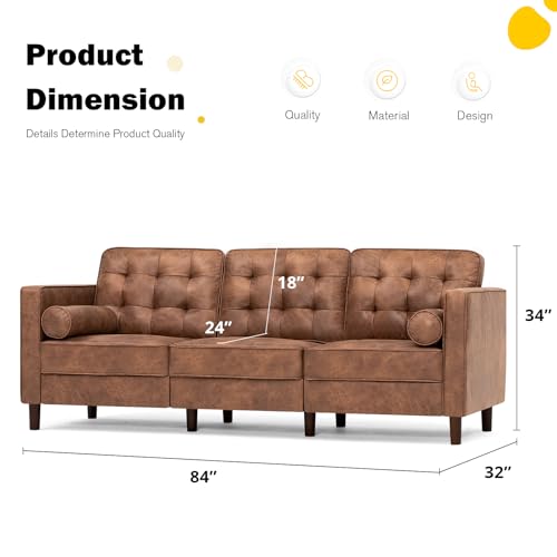 Image of 84 inch Suede Leather Sofa with 2 Soft Pillows, Tufted Modern Sofa with Sturdy Wooden Legs, 3 Seats Couch for Living Room, Office, Bedroom, Brown