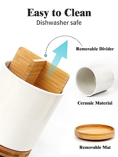 Image of LoeJan 3 Compartment Utensil Holder, Extra Large Utensil Crock, Stable Ceramic Utensil Organizer, Cooking Tool Organizer Set for Kitchen Counter Farmhouse Decor (C-White(Grossy))