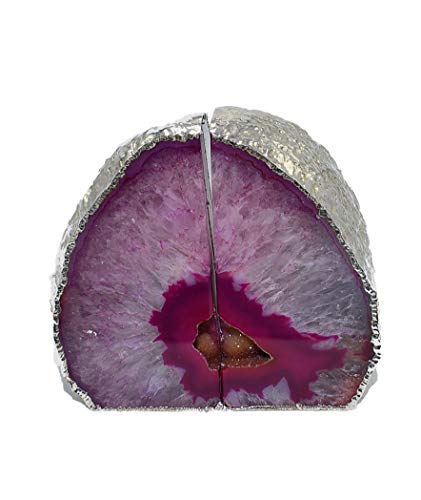 Nature's Decorations Agate Geode Bookends Silver Electroplated Small Bookends for Shelves, Non-Skid Bookend, Book Stopper for Books/Movies/Cds/Video Games, Book Shelf Holder Home Decorative (Pink)